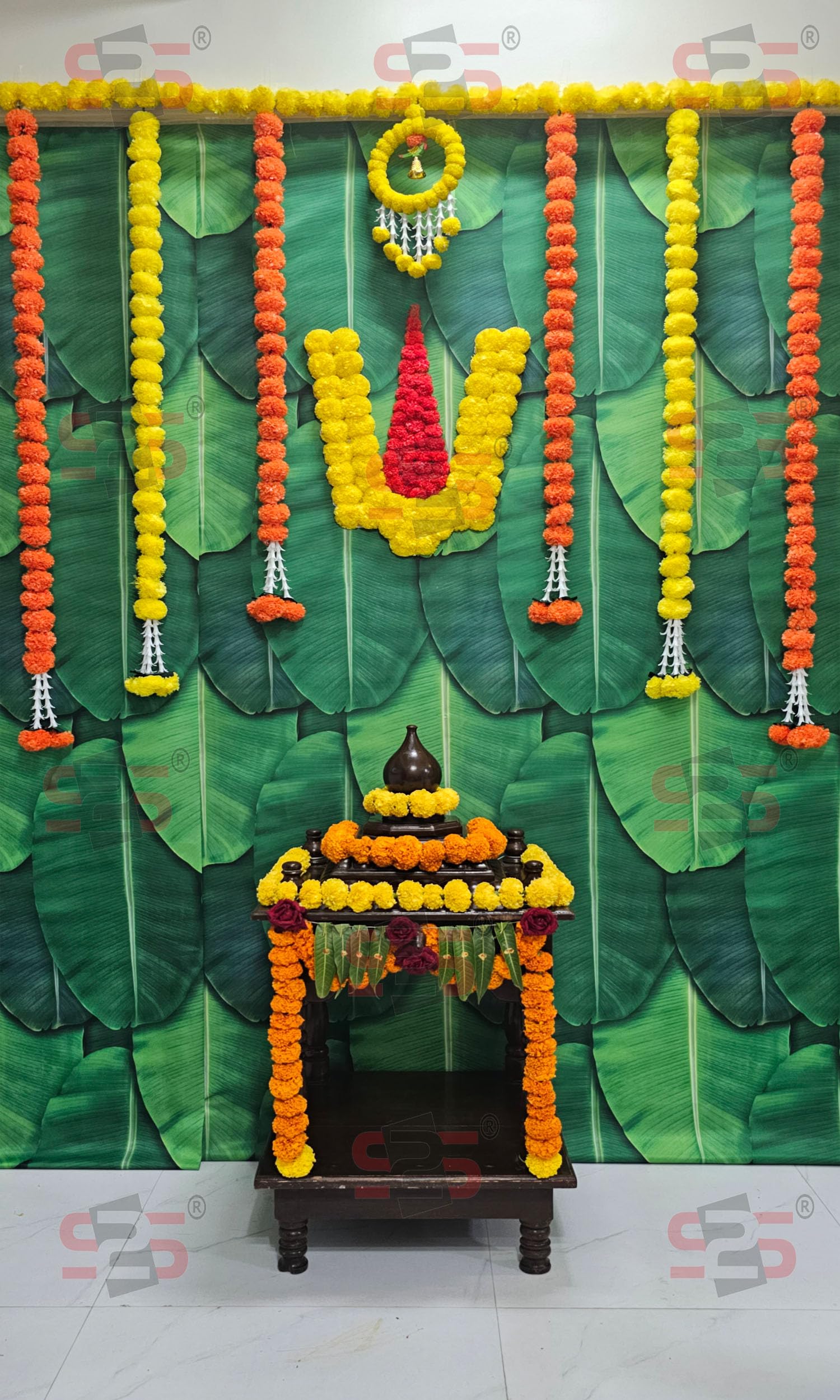 S2S Plastic Venkateswara Swami Namalu Artificial Fluffy Marigold Flowers Backdrop Wall Door For Pooja Decoration Traditional Bac